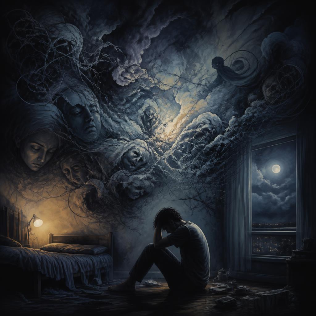 A person overwhelmed by stress, anxiety, and restless thoughts at night