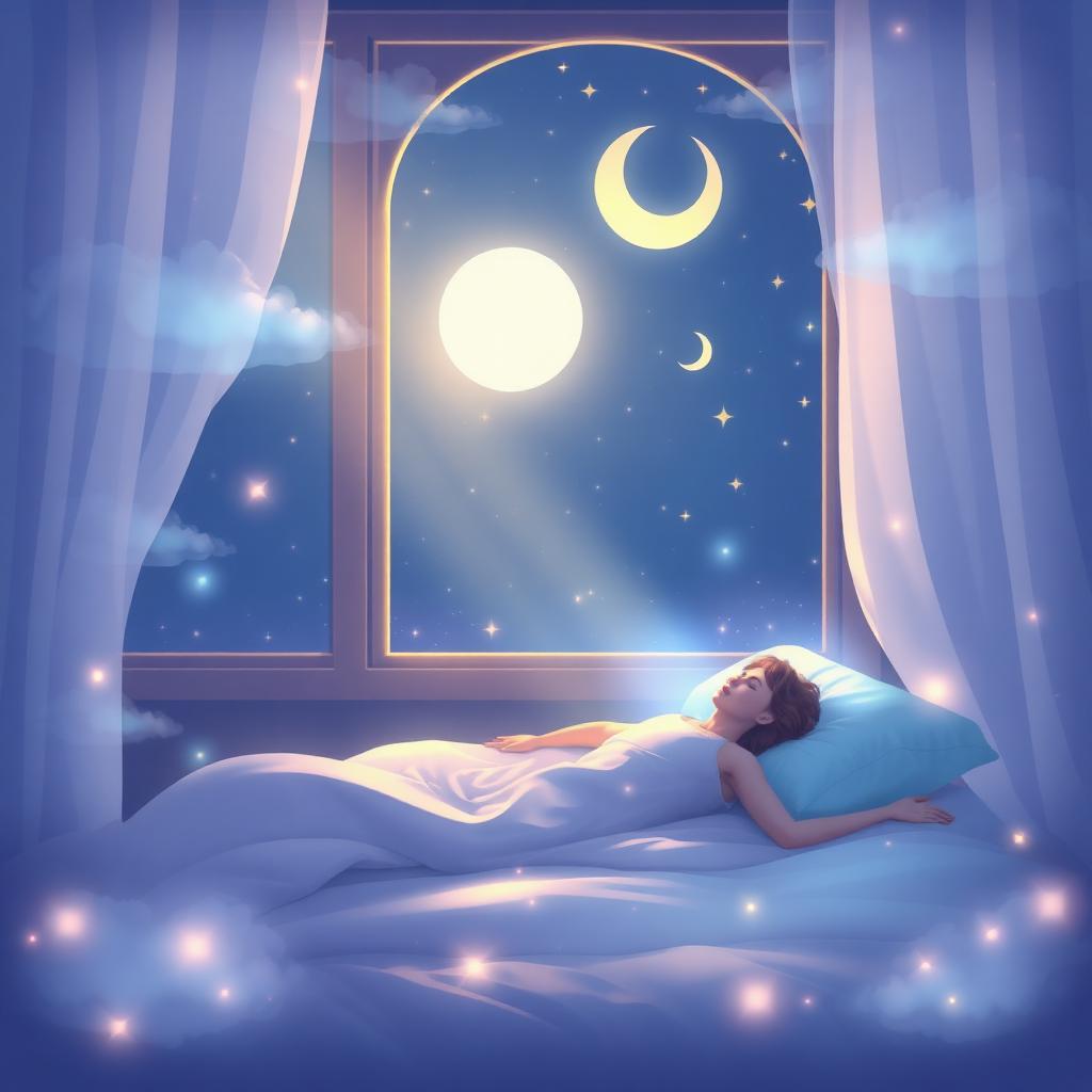 Peaceful moonlit bedroom for deep sleep meditation