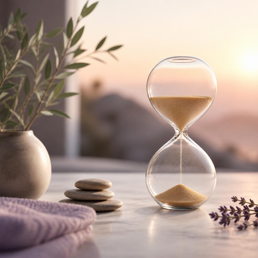 An hourglass with sand running out beside a calm plant and stones